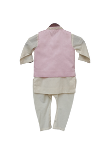 Boys Pink Embroidery Jacket With Offwhite Kurti And Churidar