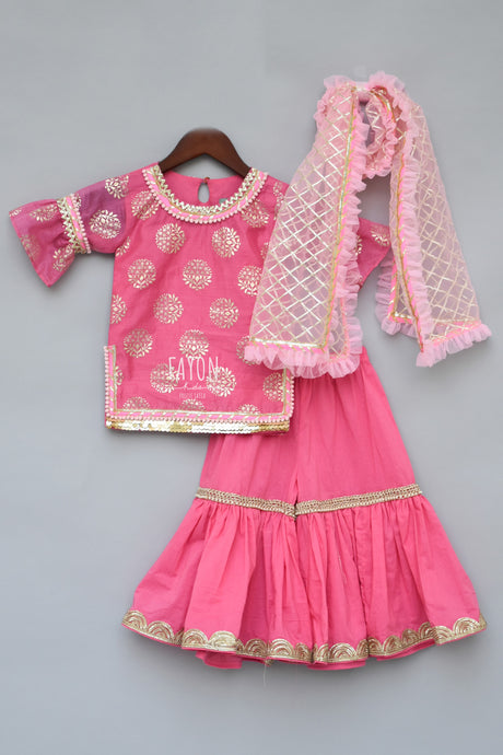 Girls Pink Foil Print Kurti With Sharara