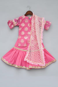 Girls Pink Foil Print Kurti With Sharara