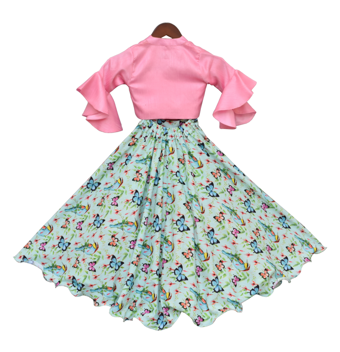 Girls Pink Knotted Top With Printed Lehenga