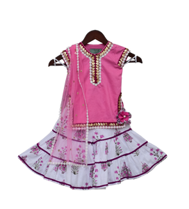 Girls Pink Kurti With Printed Sharara & Dupatta