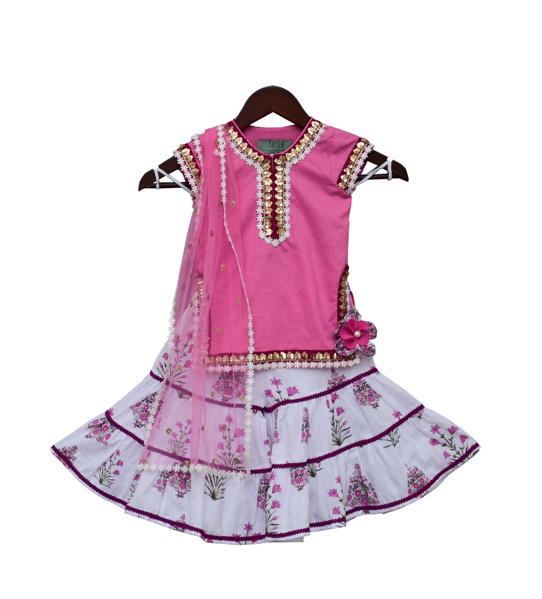 Girls Pink Kurti With Printed Sharara & Dupatta