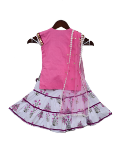 Girls Pink Kurti With Printed Sharara & Dupatta