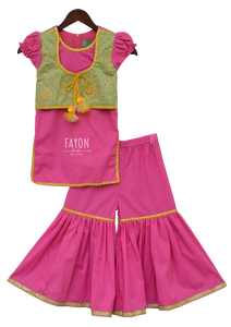 Girls Pink Kurti With Attached Jacket & Sharara
