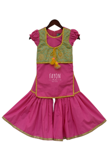 Girls Pink Kurti With Attached Jacket & Sharara