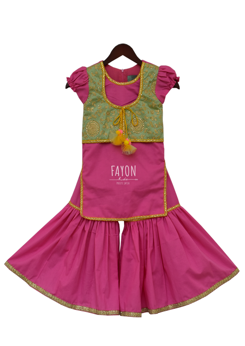 Girls Pink Kurti With Attached Jacket & Sharara