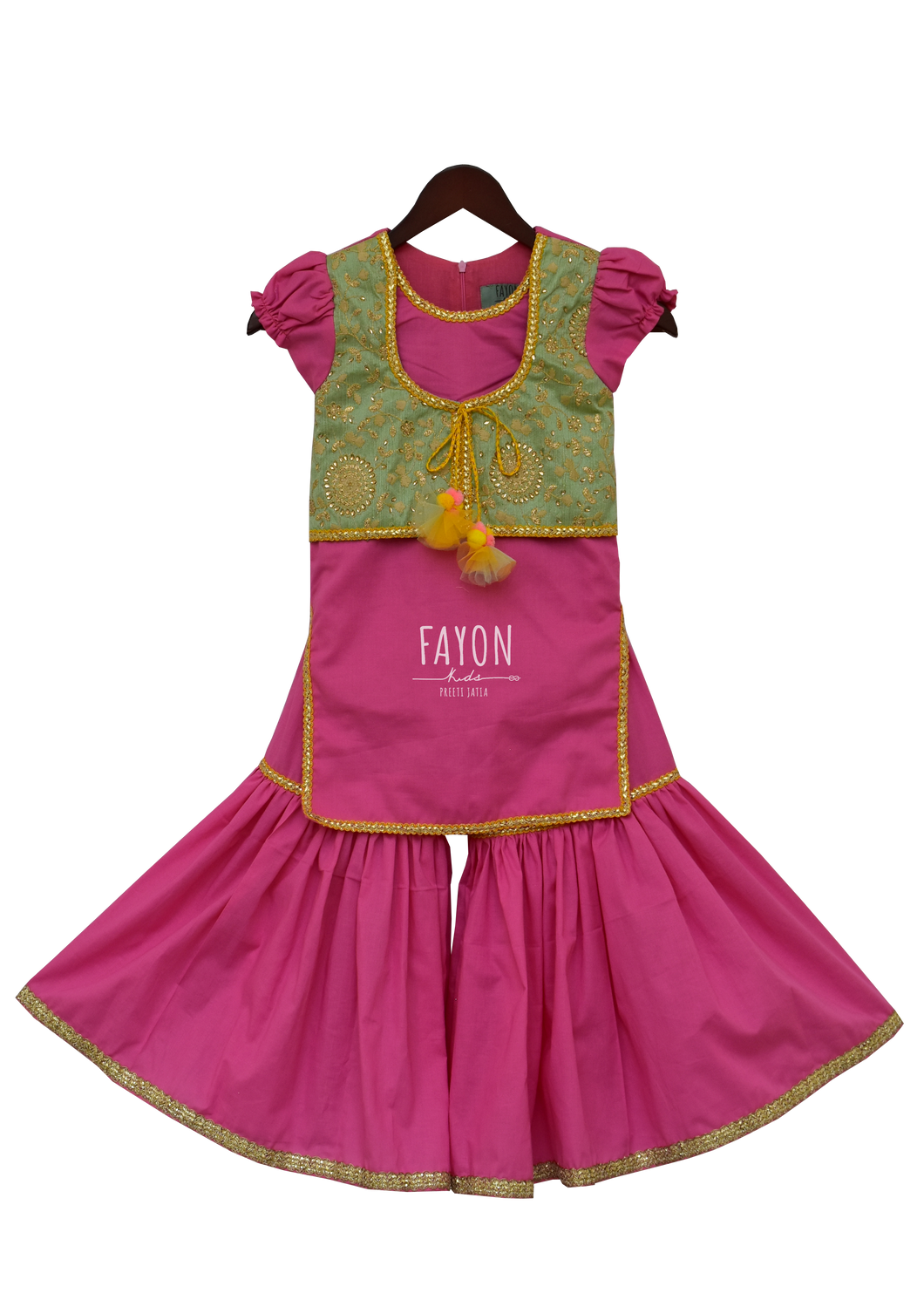 Girls Pink Kurti With Attached Jacket & Sharara