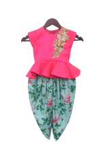 Load image into Gallery viewer, Girls Pink Peplum Top With Floral Dhoti