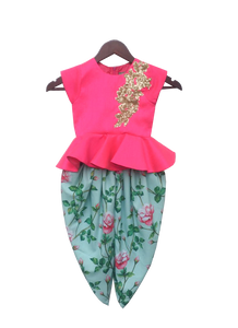 Girls Pink Peplum Top With Floral Dhoti