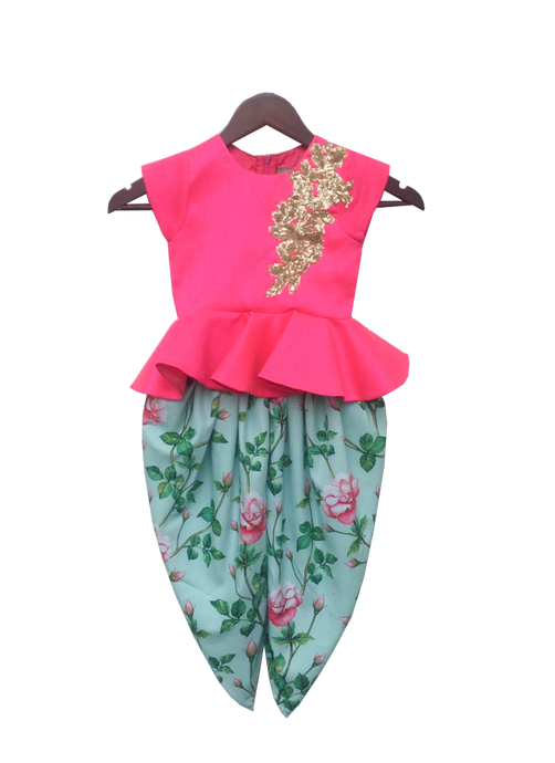 Girls Pink Peplum Top With Floral Dhoti