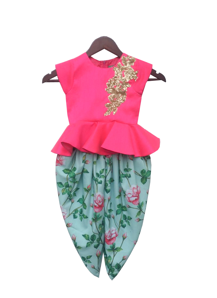 Girls Pink Peplum Top With Floral Dhoti