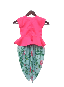 Girls Pink Peplum Top With Floral Dhoti