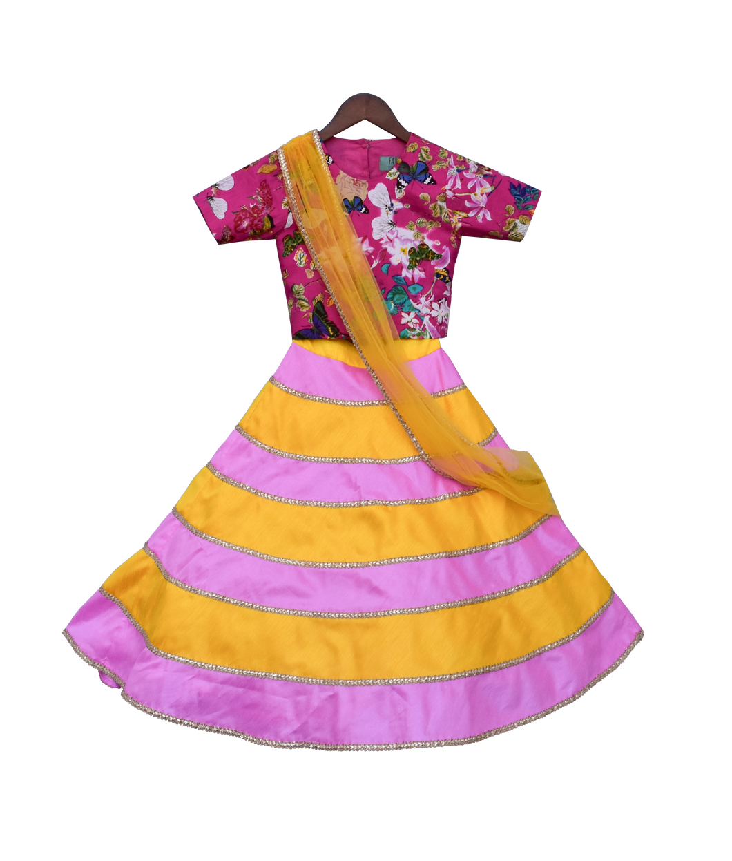 Girls Pink Printed Choli With Lehenga