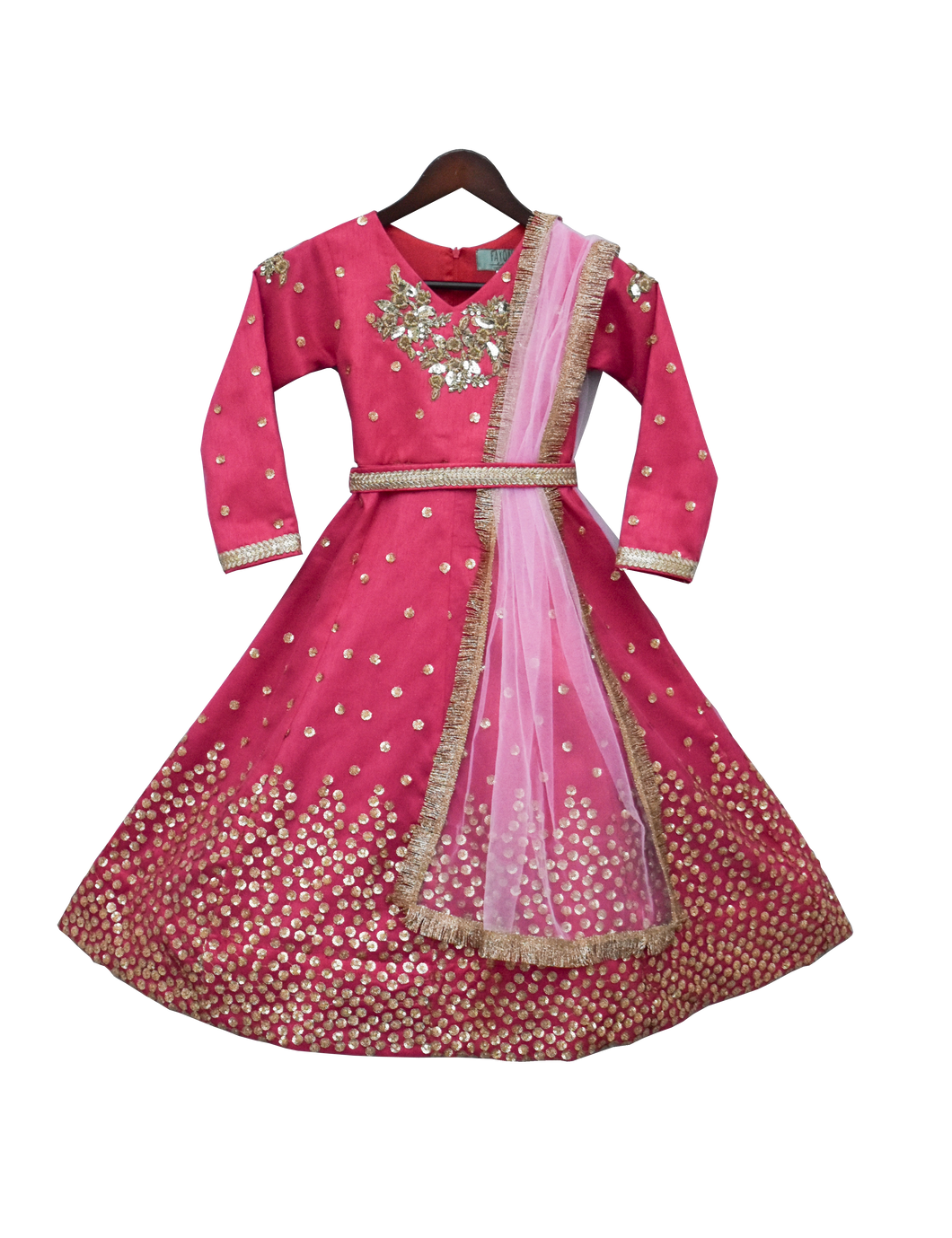 Girls Pink Seq Embroidery Anarkali Dress