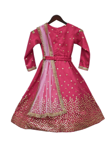Girls Pink Seq Embroidery Anarkali Dress