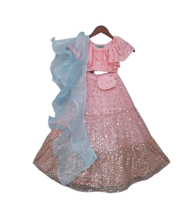 Girls Pink Sequence Top With Lehenga