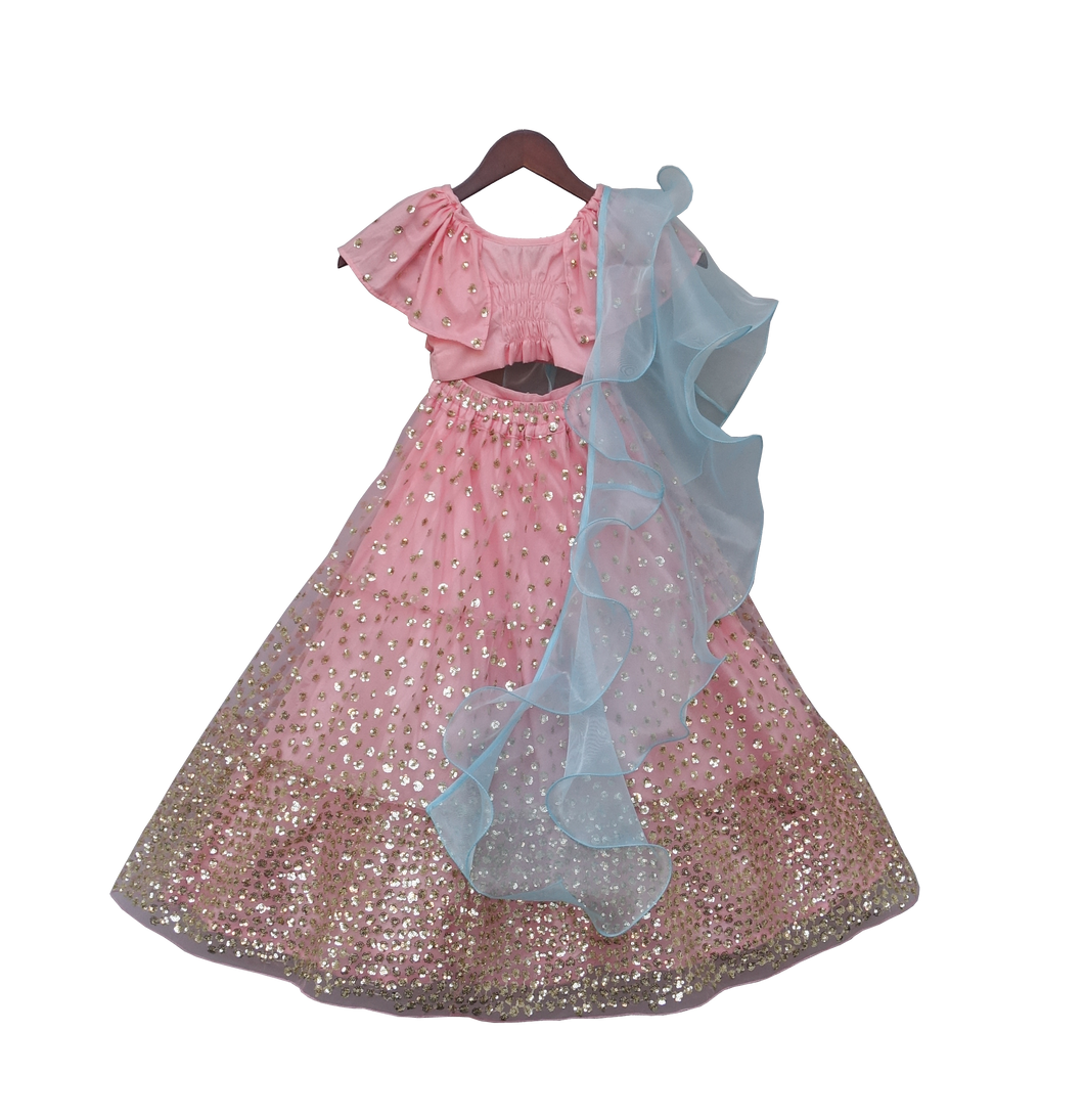Girls Pink Sequence Top With Lehenga