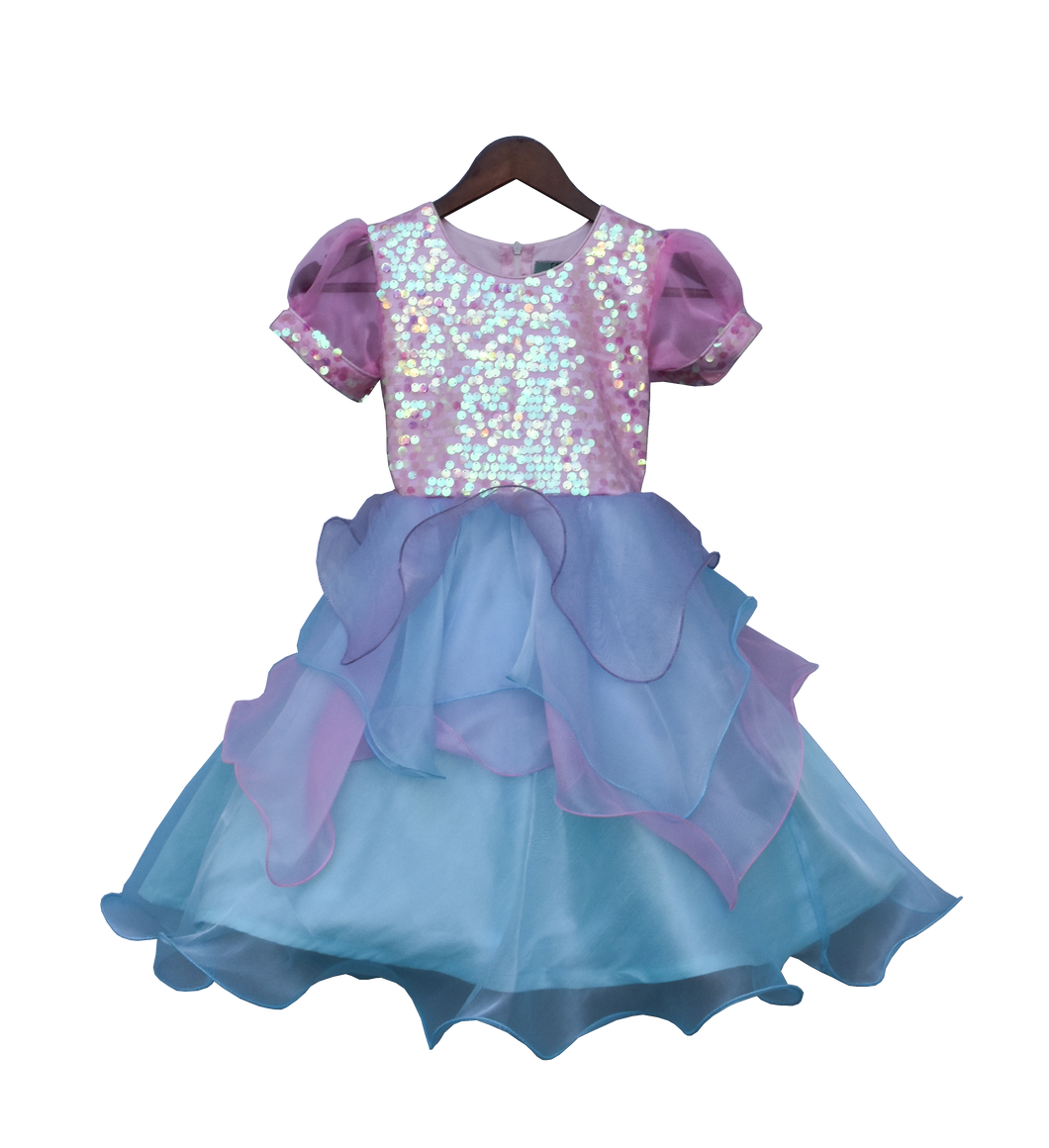 Girls Pink Sequence Yoke With Organza Frock