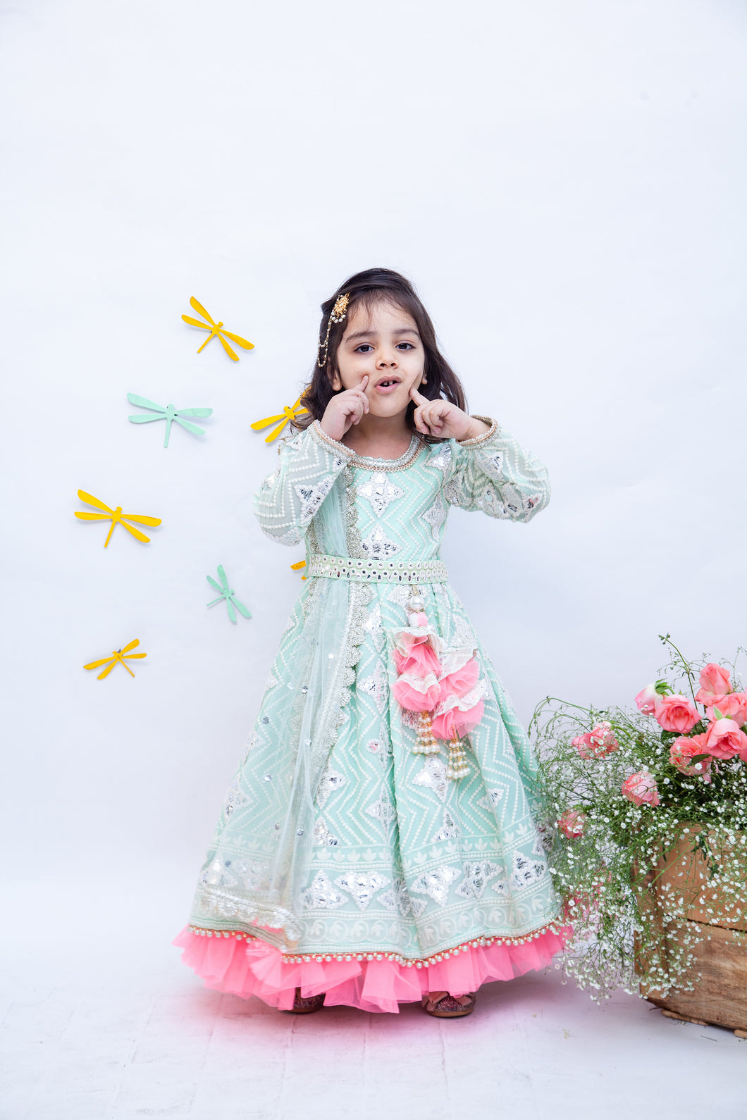 Girls Pista Green Gota Embroidery Anarkali