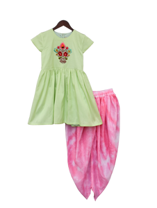 Girls Pista Green Kurti With Boota And Pink Dhoti