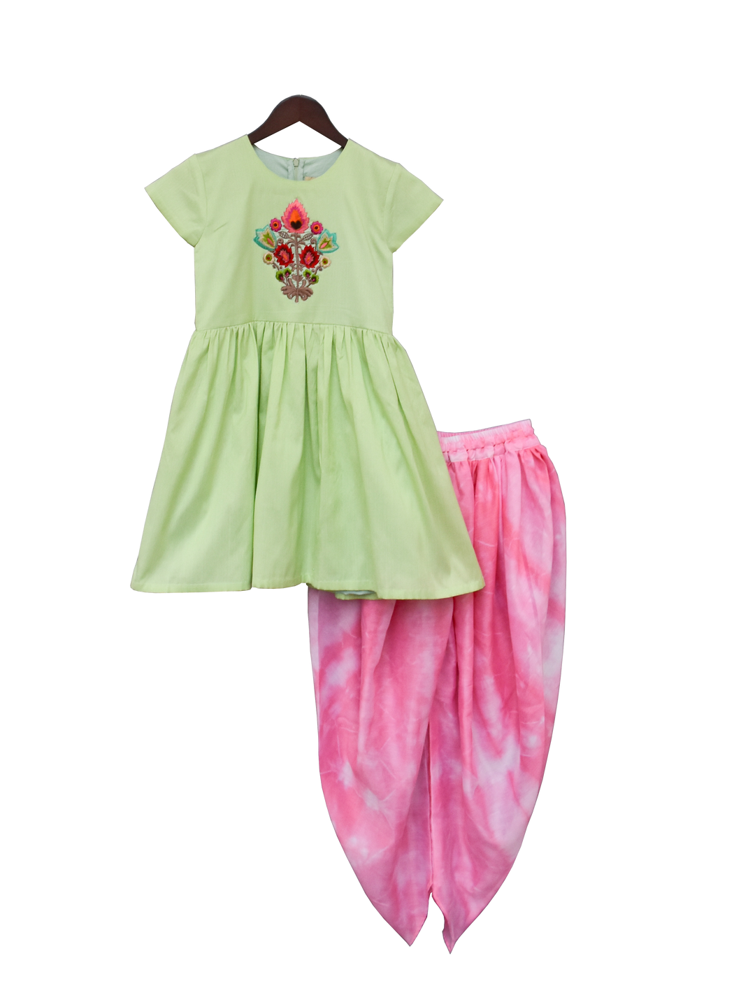 Girls Pista Green Kurti With Boota And Pink Dhoti