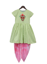 Load image into Gallery viewer, Girls Pista Green Kurti With Boota And Pink Dhoti