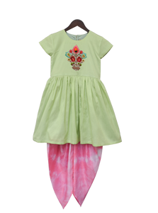 Girls Pista Green Kurti With Boota And Pink Dhoti