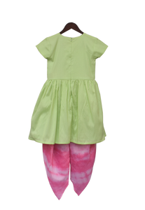 Girls Pista Green Kurti With Boota And Pink Dhoti