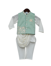 Load image into Gallery viewer, Boys Pista Green Embroidery Nehrujacket With Kurta &amp; Churidar