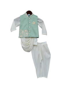 Boys Pista Green Embroidery Nehrujacket With Kurta & Churidar