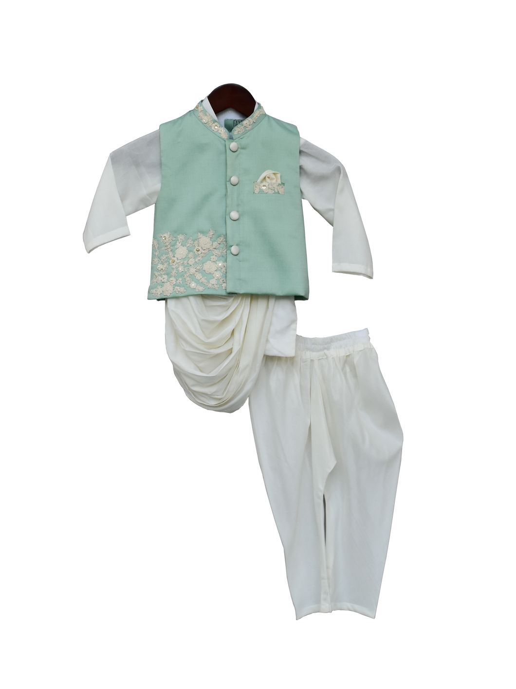 Boys Pista Green Embroidery Nehrujacket With Kurta & Churidar