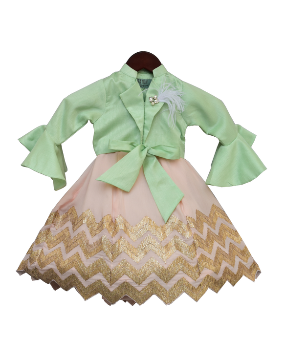 Girls Pista Green Knotted Top With Peach Gota Lehenga