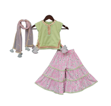 Load image into Gallery viewer, Girls Pista Green Kurti With Pink Printed Sharara