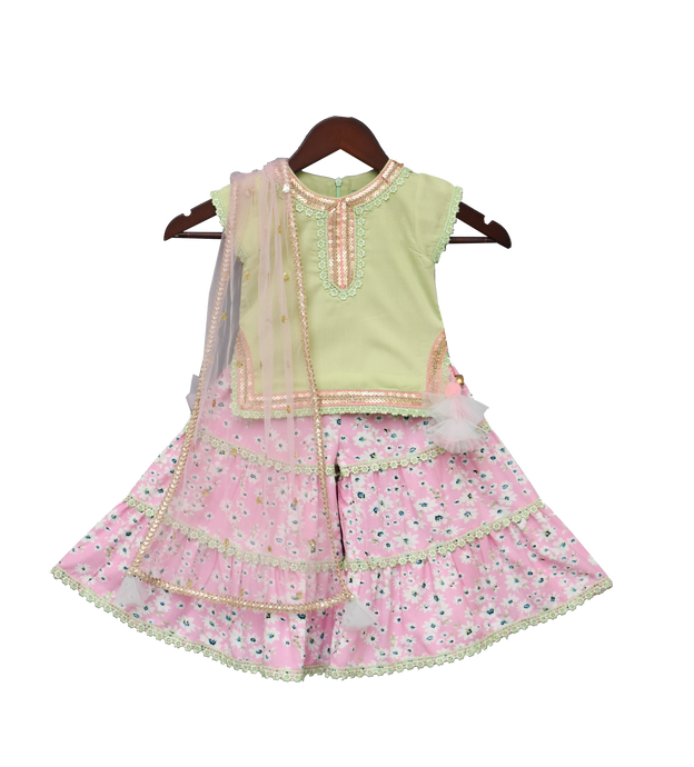 Girls Pista Green Kurti With Pink Printed Sharara