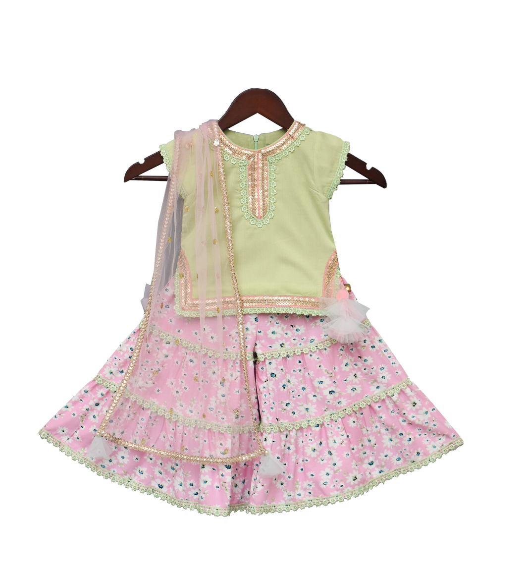 Girls Pista Green Kurti With Pink Printed Sharara