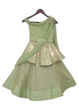 Load image into Gallery viewer, Girls Pista Green With Gold Brocade Drape Lehenga Set