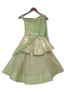 Girls Pista Green With Gold Brocade Drape Lehenga Set