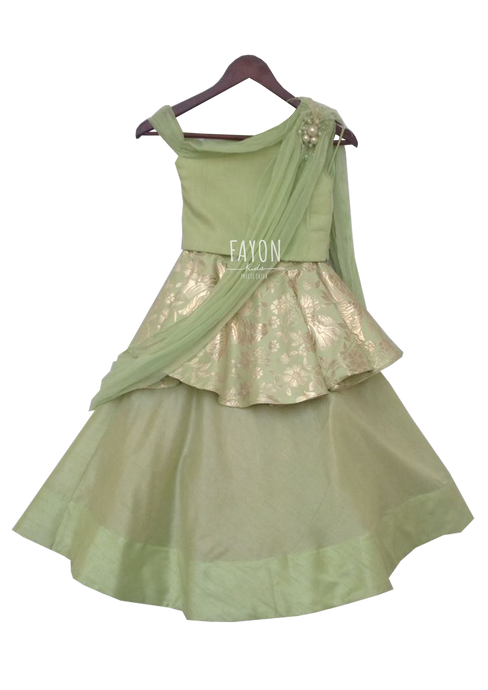 Girls Pista Green With Gold Brocade Drape Lehenga Set