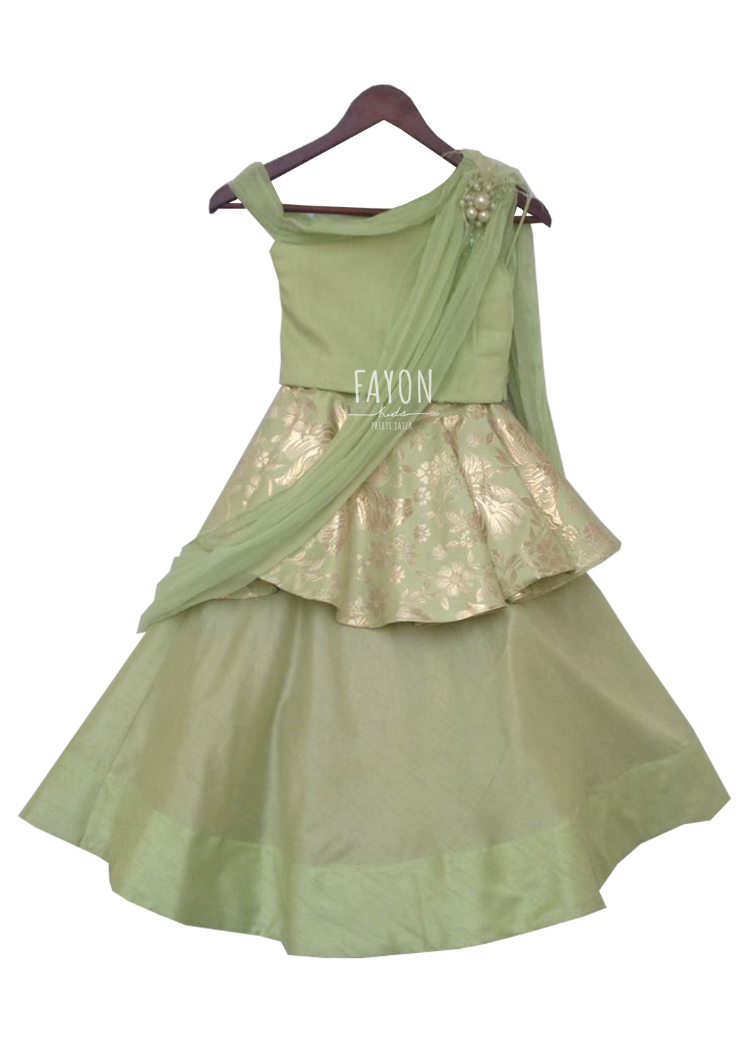 Girls Pista Green With Gold Brocade Drape Lehenga Set