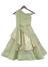 Load image into Gallery viewer, Girls Pista Green With Gold Brocade Drape Lehenga Set