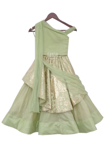 Girls Pista Green With Gold Brocade Drape Lehenga Set