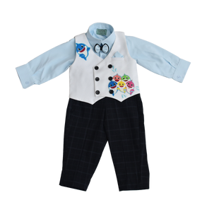 Boys Powder Blue Shirt With Black Check Pant & White Fish Print Waist Coat