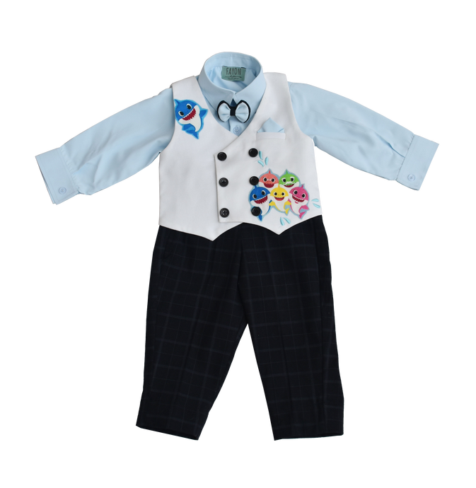 Boys Powder Blue Shirt With Black Check Pant & White Fish Print Waist Coat