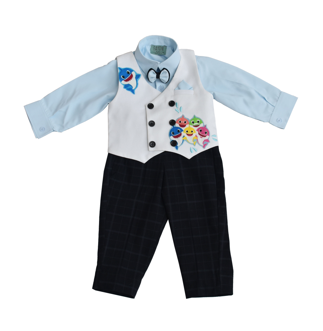 Boys Powder Blue Shirt With Black Check Pant & White Fish Print Waist Coat