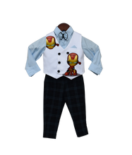 Load image into Gallery viewer, Boys Powder Blue Shirt With Black Check Pant &amp; White Iron Man Print Waist Coat