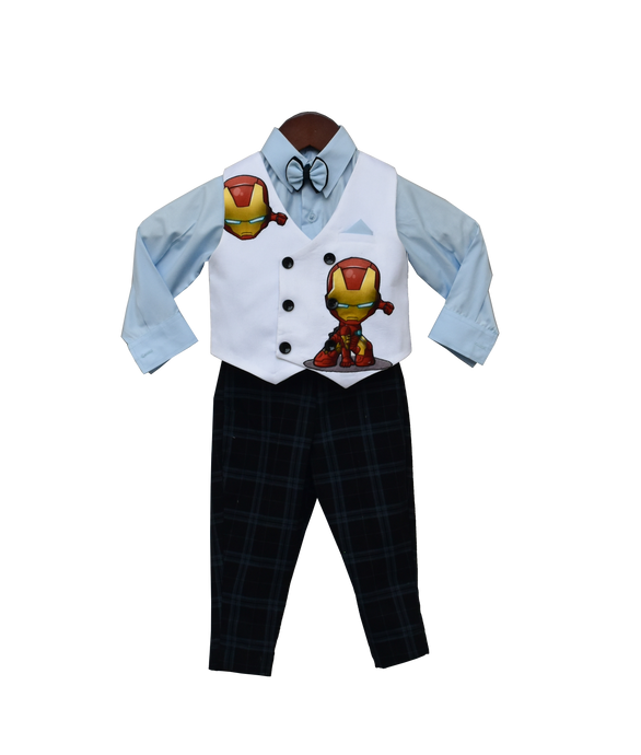 Boys Powder Blue Shirt With Black Check Pant & White Iron Man Print Waist Coat