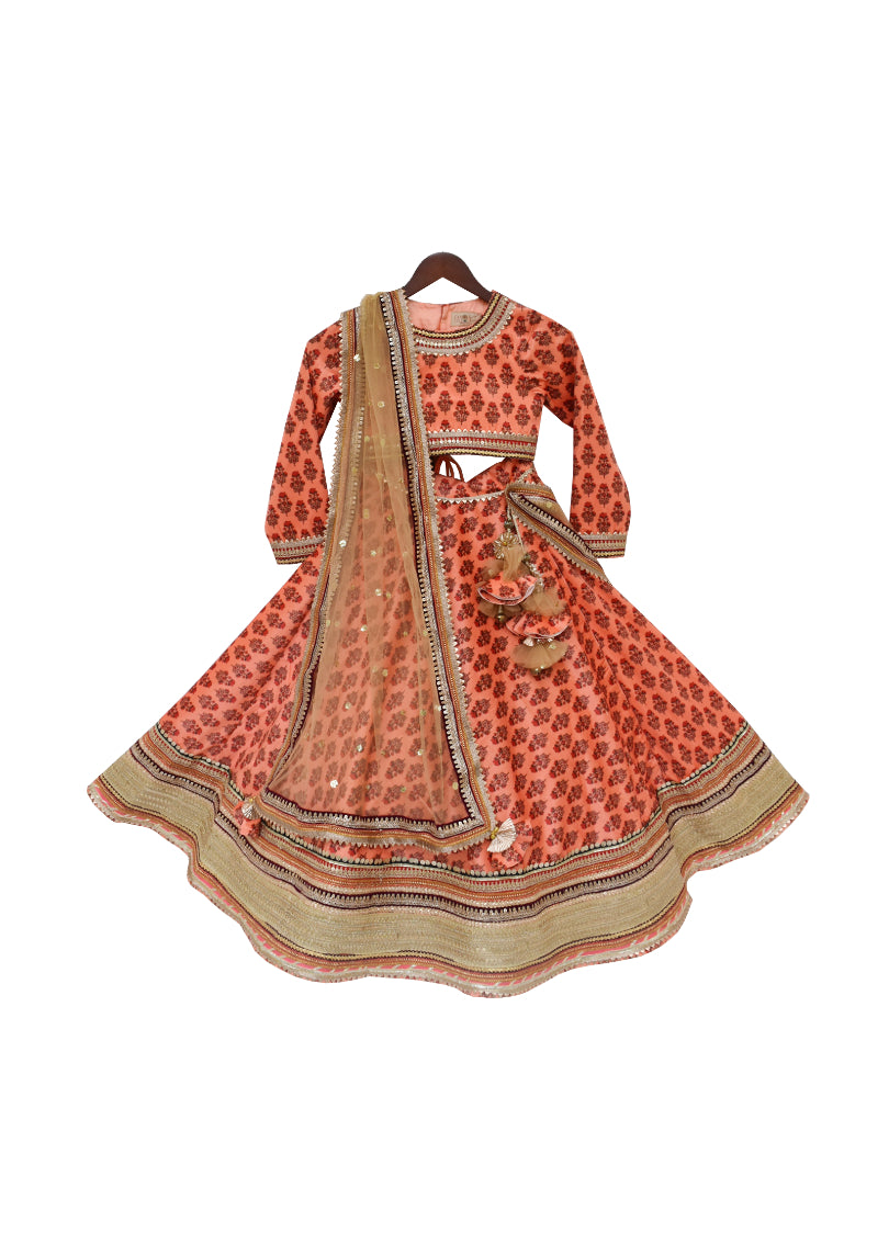 Girls Printed Velvet Lehenga Choli With Golden Dupatta