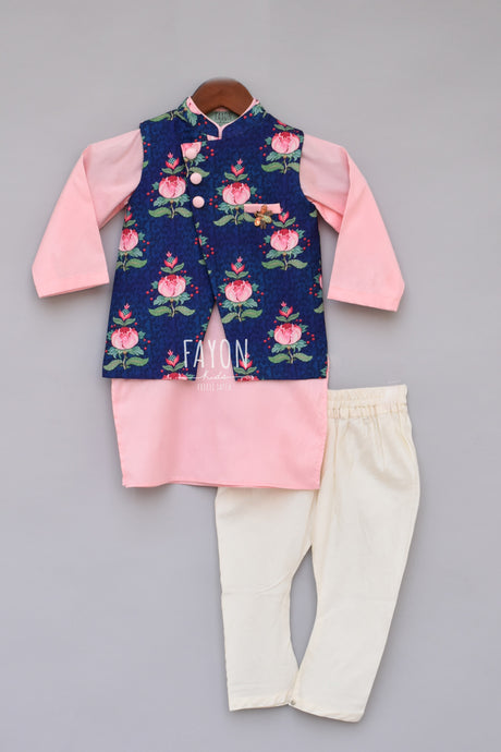 Boys Printed Nehru Jacket With Pink Kurta And Churidar