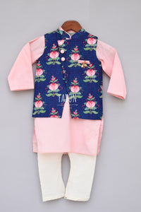 Boys Printed Nehru Jacket With Pink Kurta And Churidar