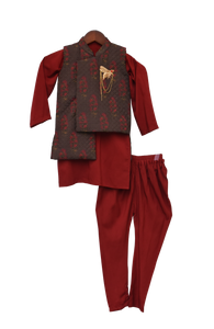 Boys Printed Nehru Jacket With Kurta & Churidar